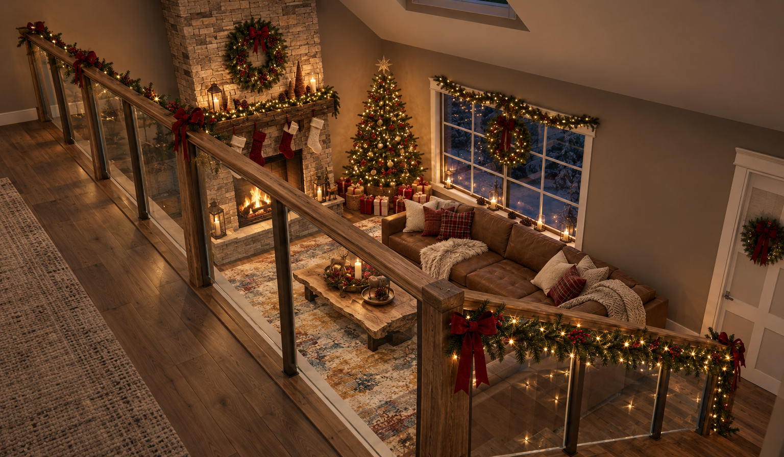 Representative AI visualization of a cozy seasonal living room with a tree and fireplace